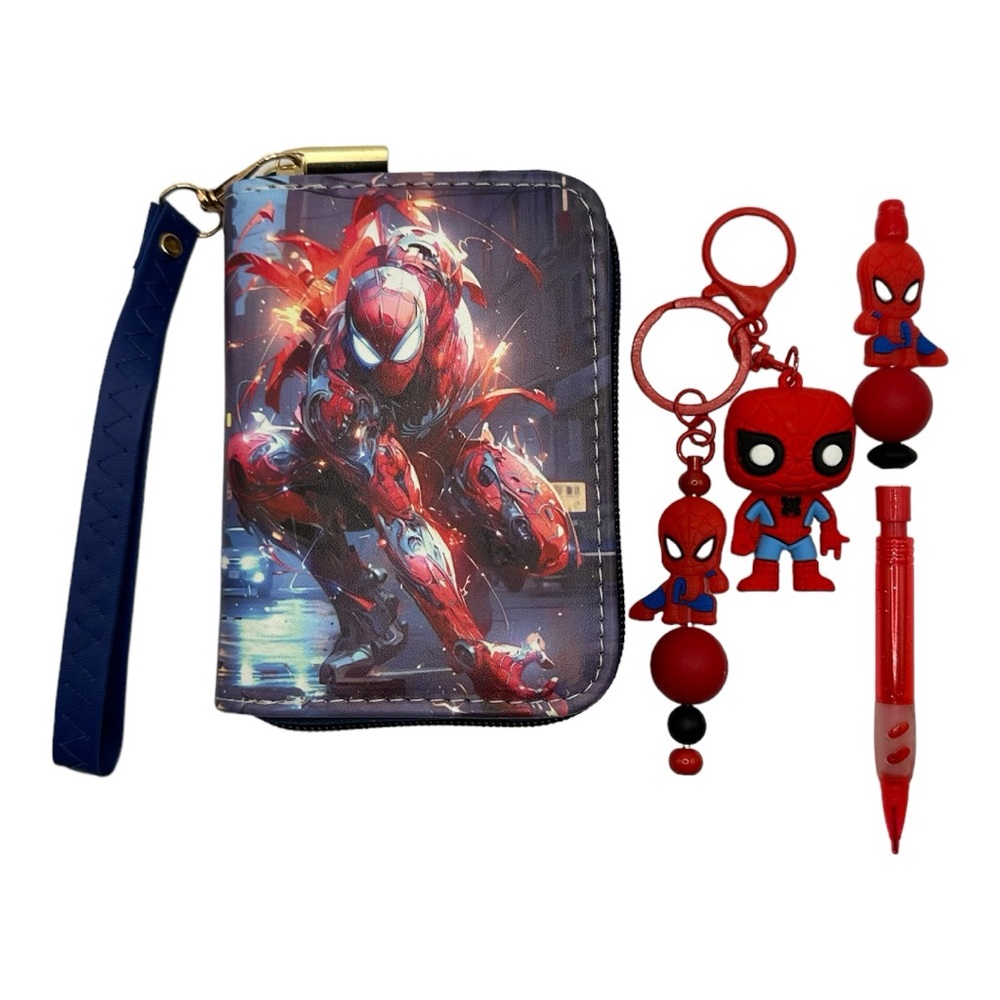 NEW SPIDERMAN WALLET PENCIL & KEYCHAIN SET